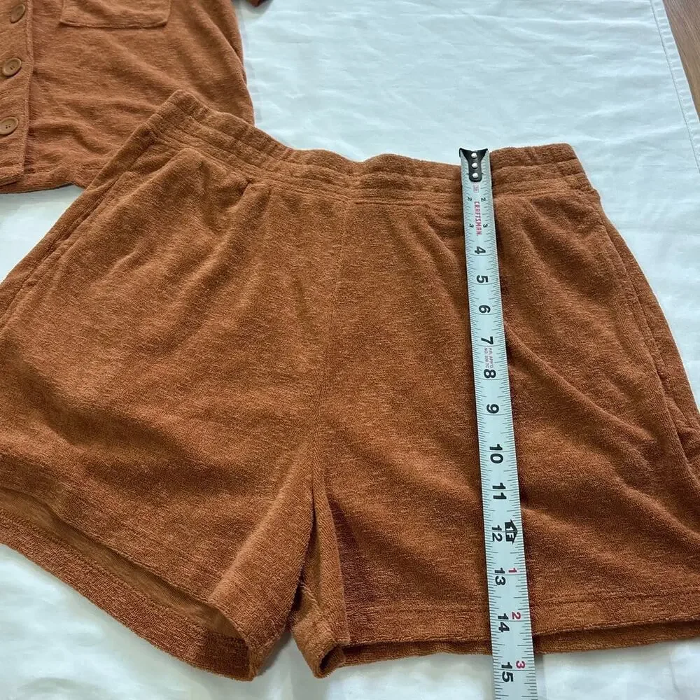 Marine Layer S/M Sierra Brown Terry Out Resort Short Sleeve Button Up Camp Shirt